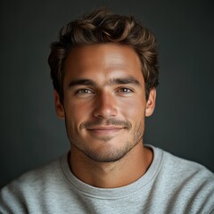 Obraz premium A man with a smile on his face is wearing a gray shirt