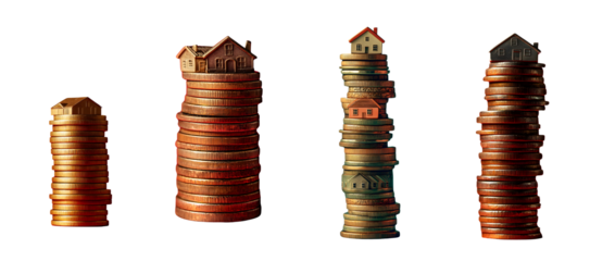 Rising house prices are visualized by toy houses on growing stacks of coins reflecting real estate and mortgage costs on transparent background