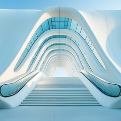 Obraz premium Modern Architectural Staircase Design Futuristic White Building with Escalator and Skylight