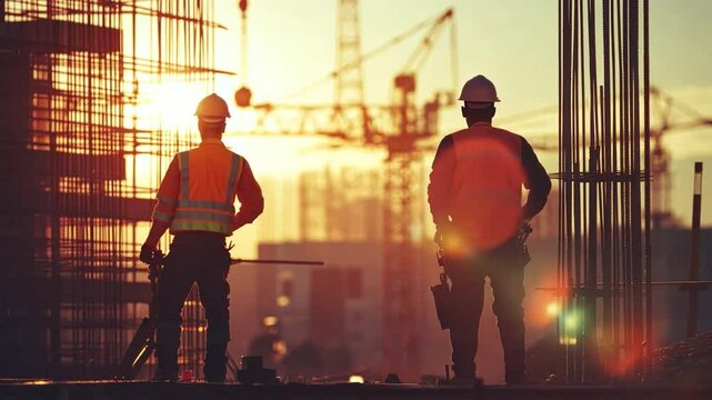 Constructive Visions: Silhouette of two construction workers silhouetted against a bustling construction site during a stunning sunset.