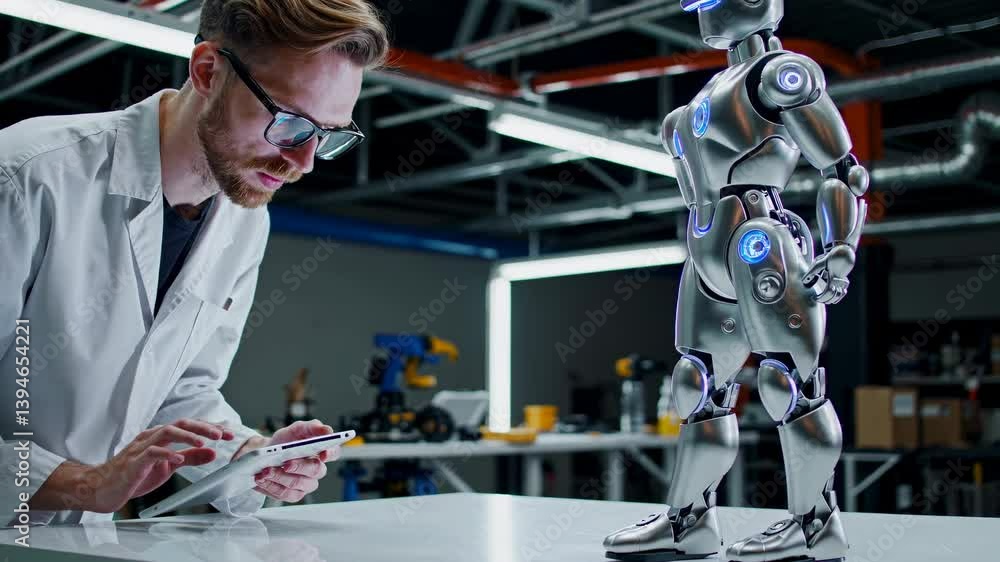 Poster engineer performs testing and analysis on advanced robotics in a modern workspace setting