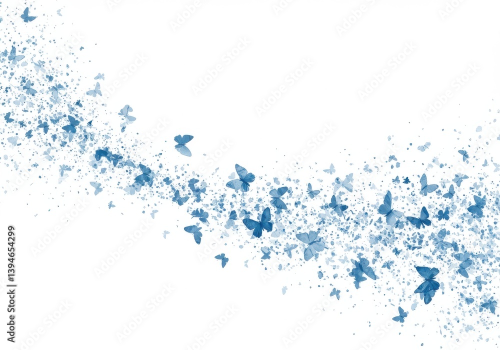 Poster a scattering of blue butterflies and particles on a white background creating a whimsical design
