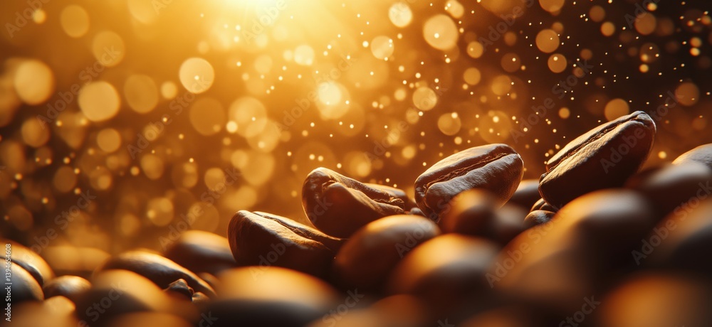 Poster coffee beans glistening in warm light with bokeh background and sparkling droplets