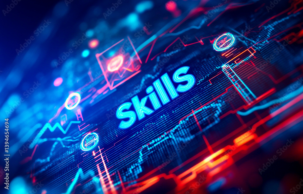 Poster skills with a stock market background, featuring a trading chart and icons for business skill develo