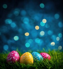 Colorful Easter eggs on grass with bokeh background for festive celebrations
