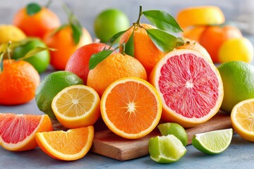 Variedad de cítricos frescos con naranjas, limones y limas en una presentación atractiva