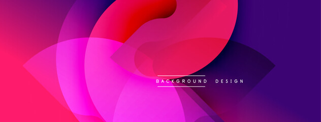 Abstract vibrant background. Overlapping translucent shapes create dynamic gradient effect. Pink, purple, red hues dominate composition. Modern design element.
