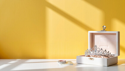 Delicate tiara resting in jewelry box on clean dresser, hidden treasures