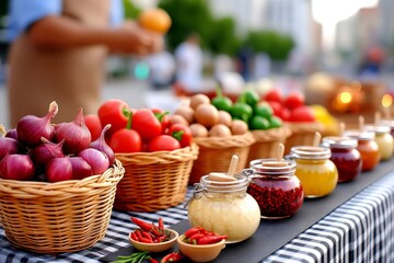 Mercado de agricultores locales vendiendo productos frescos en una tarde soleada de verano