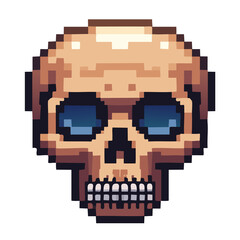 Pixel art depiction of a stylized skull, displaying intricate shading and design within a retro digital format.