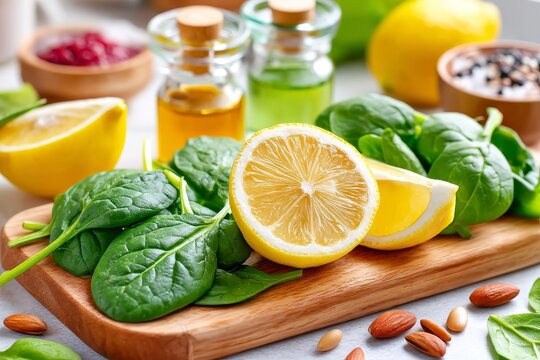 Espinacas y r&uacute;cula frescas sobre una tabla de madera con lim&oacute;n y ingredientes saludables