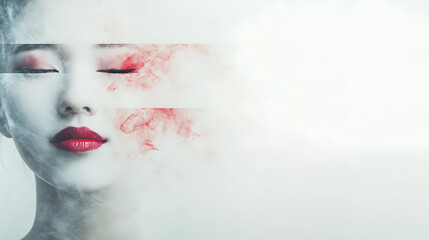 striking artistic portrait of woman with serene expression, partially obscured by ethereal white and red smoke, creating dreamy and mysterious atmosphere