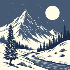 Winter Landscape With Mountains Serene Snowy Peaks Under Moonlight &ndash; Peaceful Winter Mountain Landscape Vector Art