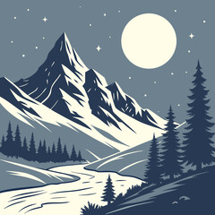 Winter Landscape With Mountains Serene Snowy Peaks Under Moonlight &ndash; Peaceful Winter Mountain Landscape Vector Art