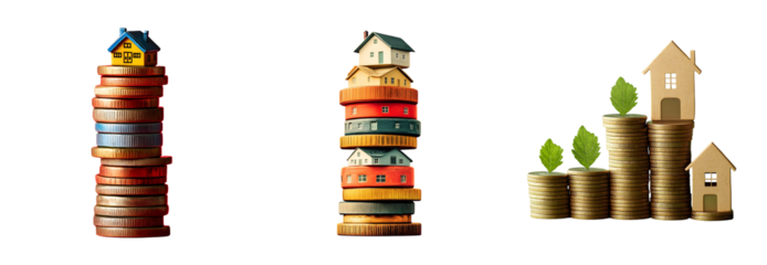 Increasing property value is symbolized by stacked coins and model houses showing investment growth in real estate on transparent background