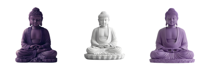 Three buddha statues in meditative pose depicted on a transparent background creating a sense of peace and spirituality