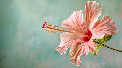 Detailed close-up shot of a hibiscus flower on a pastel background.