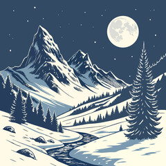 Obraz premium Winter Landscape With Mountains Serene Snowy Peaks Under Moonlight – Peaceful Winter Mountain Landscape Vector Art