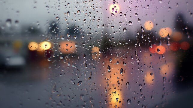 Raindrops on glass window with blurred city lights in background create serene and dreamy atmosphere, reflecting beauty of rainy evening