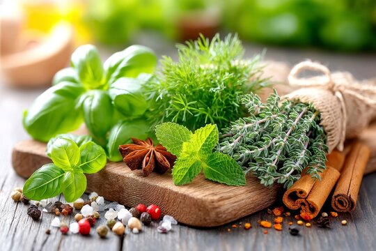Ramos frescos de hierbas arom&aacute;ticas como albahaca, tomillo, menta y eneldo en una tabla de madera en cocina luminosa