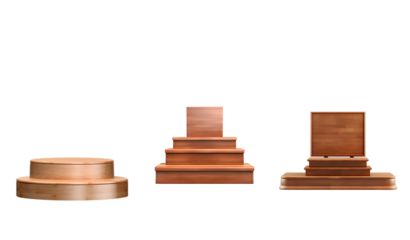 Three wooden podiums isolated transparent background for product display and presentation of awards in a competition event