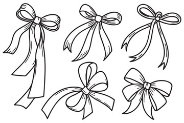 Elegant Hand-Drawn Bow Illustrations, Perfect for Crafting, Design, and Decoration, High-Quality Black and White Ribbon Sketches