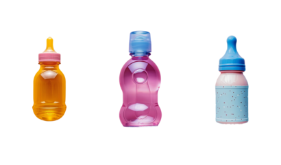 Three colorful baby bottles are displayed against a transparent background for feeding newborns and infants in early childhood