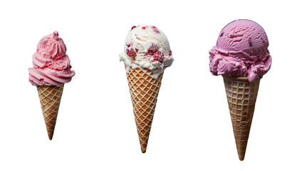 Delicious summer treat featuring three ice cream cones with raspberry and pink flavors on a transparent background for food