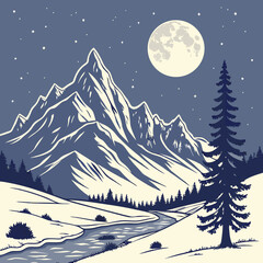 Fototapeta premium Winter Landscape With Mountains Serene Snowy Peaks Under Moonlight – Peaceful Winter Mountain Landscape Vector Art