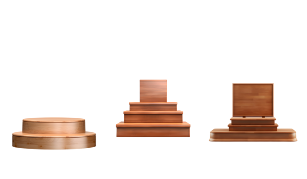 Three wooden podiums isolated transparent background for product display and presentation of awards in a competition event