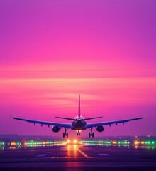 Airplane landing at sunset with vibrant purple and pink sky over runway lights