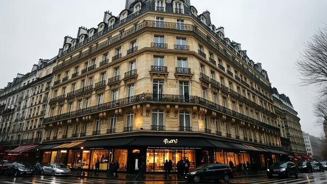 Elegant Parisian Building on a Rainy Day