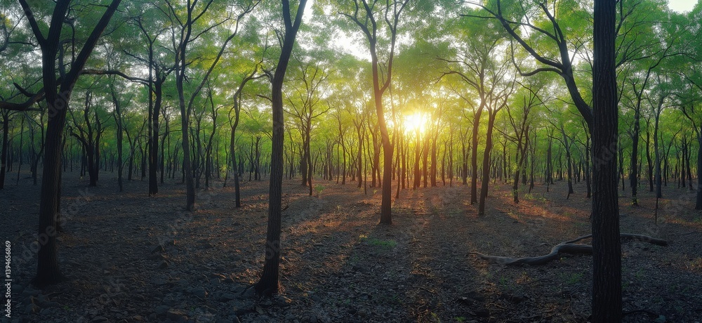 Poster sunlight filtering through lush green forest trees creating serene atmosphere