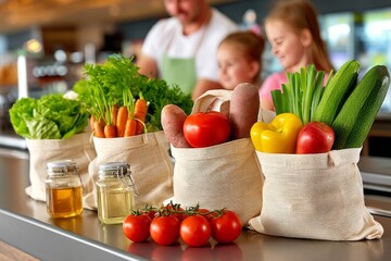 Familia en la caja empacando sus compras de vegetales frescos en un supermercado local al atardecer