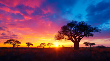 Obraz premium stunning sunset over savanna landscape, featuring silhouetted trees against vibrant sky filled with pink, orange