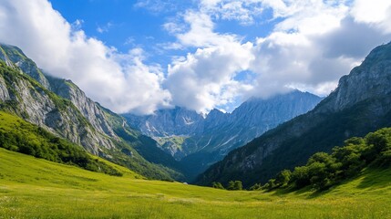Fototapeta premium Serene Mountain Valley Landscape Under a Summer Sky