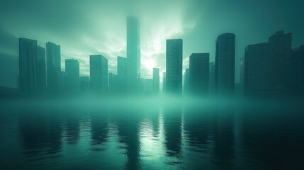 Fototapeta premium Misty city skyline at dawn