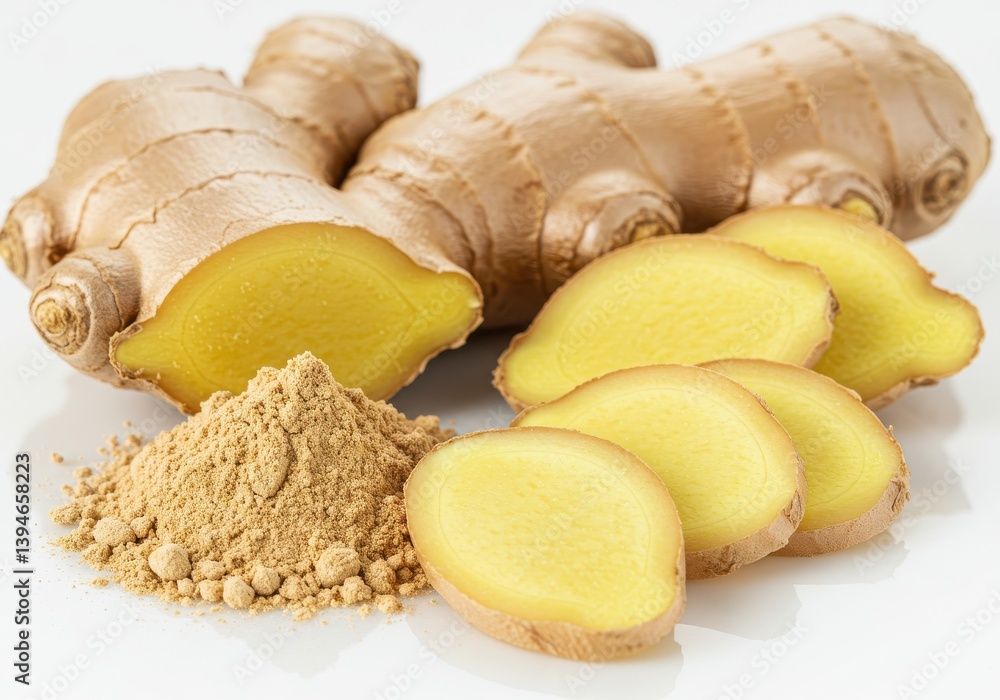 Poster a close up of ginger root with slices and ground powder on a white surface showing its texture and c