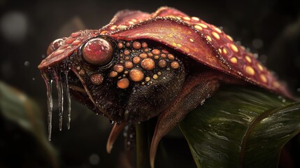 A red and orange creature with a large head and long antennae sits on a green leaf.