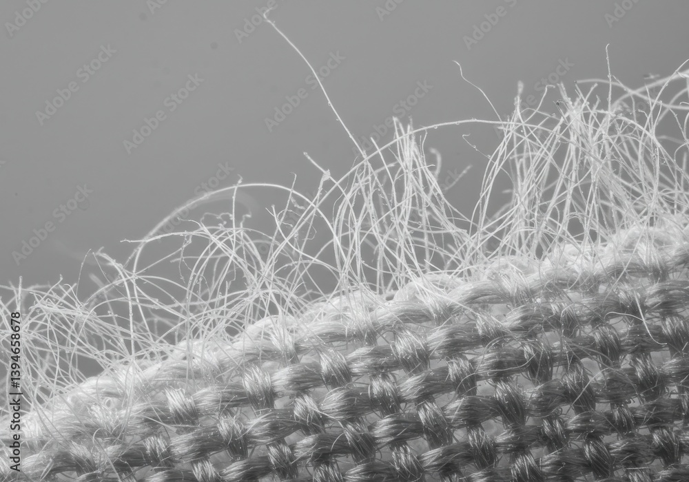 Poster close up view of a gray fabric texture with white fibers protruding from the surface of the material