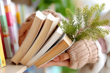 Mujer con falda de cuadros y suéter de cuello alto sosteniendo libros en una biblioteca luminosa y acogedora