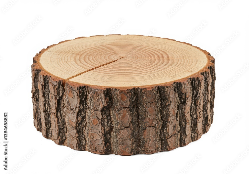 Poster a cross section of a tree trunk with visible growth rings on a white isolated background surface vie