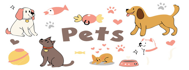 Obraz premium Cute Cartoon Cats and Dog Playing in Park with Toys and Paw Prints – Fun Animal Friends Clipart for Kids and Pet Designs. Cute Cartoon Dogs and Animals Celebration Set – Pet Care, Friendship.