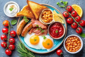 Desayuno cl&aacute;sico ingl&eacute;s con huevos y acompa&ntilde;amientos variados para empezar el d&iacute;a