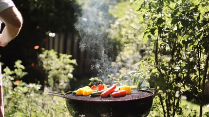 Outdoor Barbecue Bliss, vibrant scene of a person grilling colorful vegetables, smoke wafting, sun shining, joyful summer gathering atmosphere