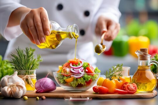 Manos de chef vertiendo aceite de oliva sobre una ensalada fresca en una cocina moderna