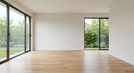 Fototapeta premium Bright Minimalist Empty Room Interior With Large Windows and Wooden Floor