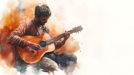 Fototapeta premium watercolor painting of street musician playing acoustic guitar, evoking warm and serene atmosphere with soft brown and orange tones blending into background