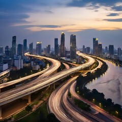Fototapeta premium Twilight Curve of Expressway by River in Bangkok
