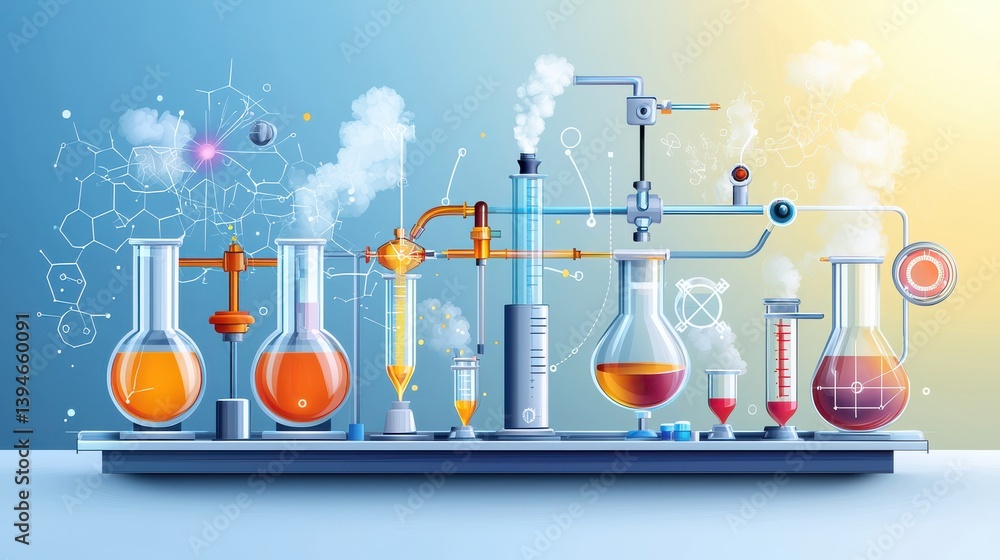 Poster scientific experimentation in a lab environment featuring minimalistic icons and colorful chemistry 